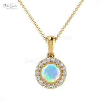 Natural Fire Opal Halo Pendant With Pave Diamond 14k Solid Gold Minimalist Necklace