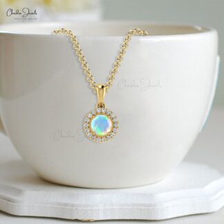 Natural Fire Opal Halo Pendant With Pave Diamond 14k Solid Gold Minimalist Necklace