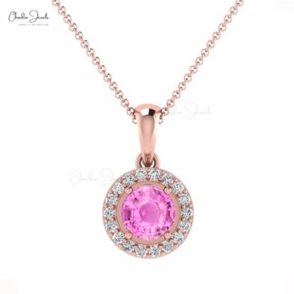 Solid 14k Gold Halo Pendant In 0.23 Ct Pink Sapphire And Diamond Minimal Necklace For Her