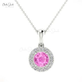 Solid 14k Gold Halo Pendant In 0.23 Ct Pink Sapphire And Diamond Minimal Necklace For Her