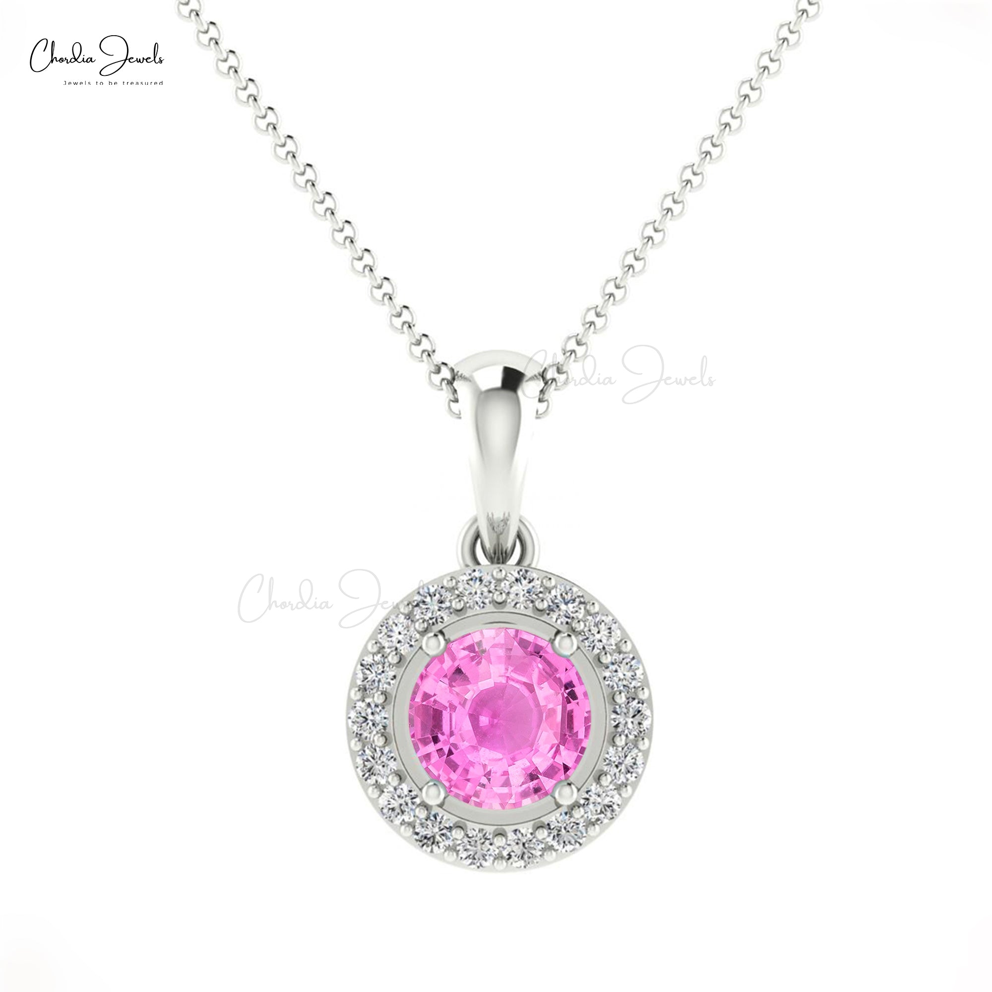 Solid 14k Gold Halo Pendant In 0.23 Ct Pink Sapphire And Diamond Minimal Necklace For Her