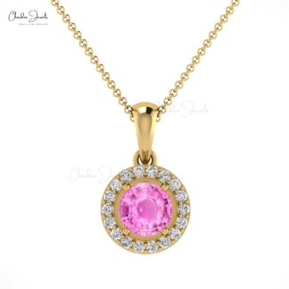 Solid 14k Gold Halo Pendant In 0.23 Ct Pink Sapphire And Diamond Minimal Necklace For Her