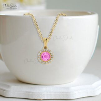 Solid 14k Gold Halo Pendant In 0.23 Ct Pink Sapphire And Diamond Minimal Necklace For Her