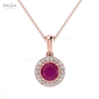 Real 14k Gold Dangling Pendant with 4mm Burma Ruby And Diamond Halo Pendant