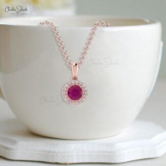 Real 14k Gold Dangling Pendant with 4mm Burma Ruby And Diamond Halo Pendant