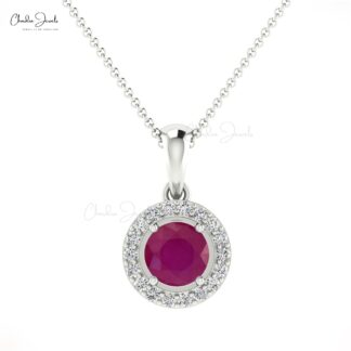 Real 14k Gold Dangling Pendant with 4mm Burma Ruby And Diamond Halo Pendant