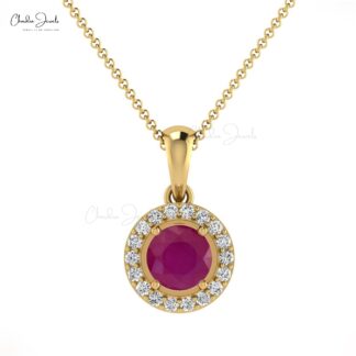 Real 14k Gold Dangling Pendant with 4mm Burma Ruby And Diamond Halo Pendant