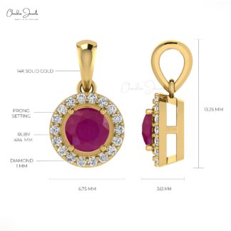 Real 14k Gold Dangling Pendant with 4mm Burma Ruby And Diamond Halo Pendant