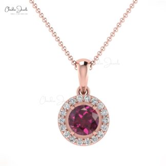 Diamond Circle Pendant With 14k Real Gold Rhodolite Garnet 4mm Gemstone Halo Pendant