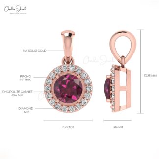 Diamond Circle Pendant With 14k Real Gold Rhodolite Garnet 4mm Gemstone Halo Pendant