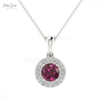 Diamond Circle Pendant With 14k Real Gold Rhodolite Garnet 4mm Gemstone Halo Pendant