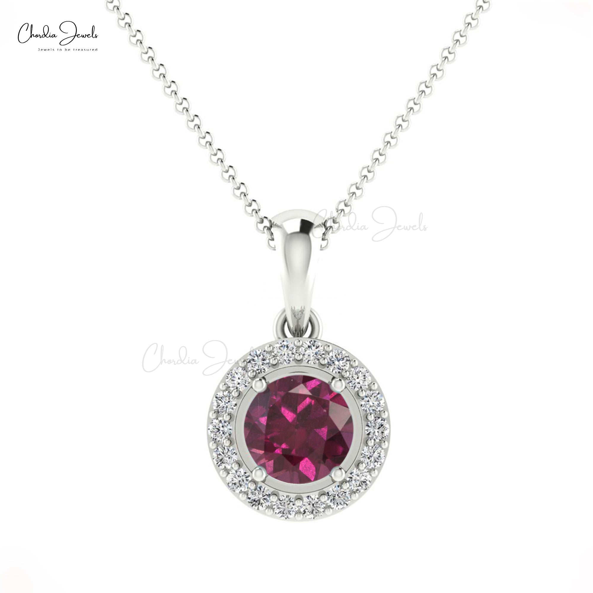 Diamond Circle Pendant With 14k Real Gold Rhodolite Garnet 4mm Gemstone Halo Pendant