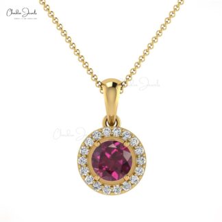 Diamond Circle Pendant With 14k Real Gold Rhodolite Garnet 4mm Gemstone Halo Pendant