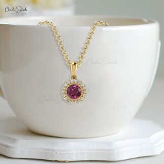 Diamond Circle Pendant With 14k Real Gold Rhodolite Garnet 4mm Gemstone Halo Pendant