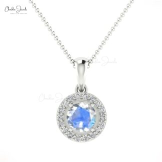 Natural Rainbow Moonstone Halo Charm With 0.32 Ct Gemstone Diamond 14k Gold Pendant