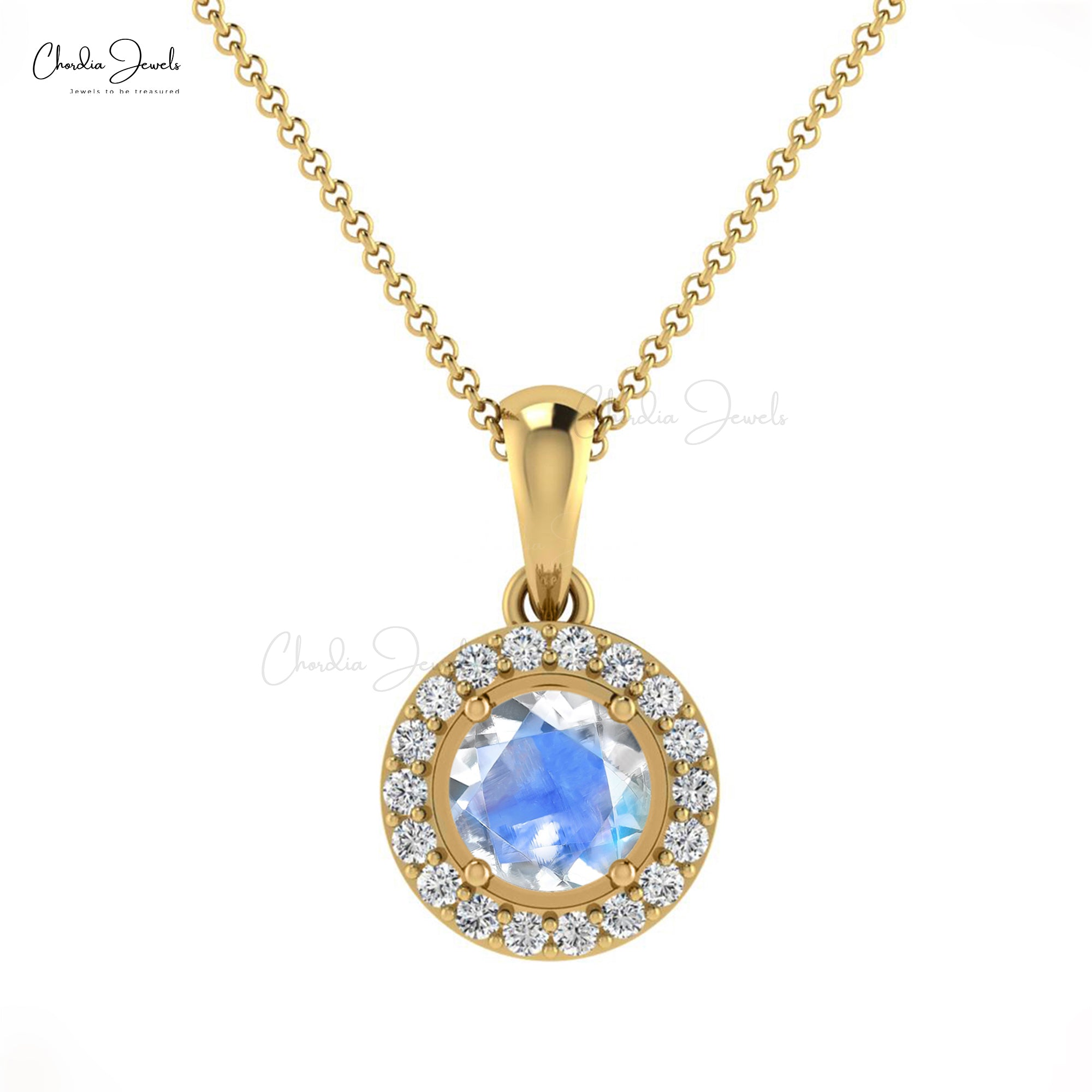 Natural Rainbow Moonstone Halo Charm With 0.32 Ct Gemstone Diamond 14k Gold Pendant