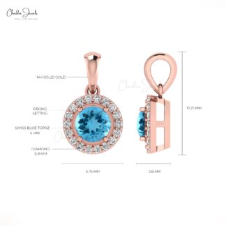 Natural Swiss Blue Topaz Halo Charm With 0.35 Ct Gemstone And Diamond 14k Gold Pendant