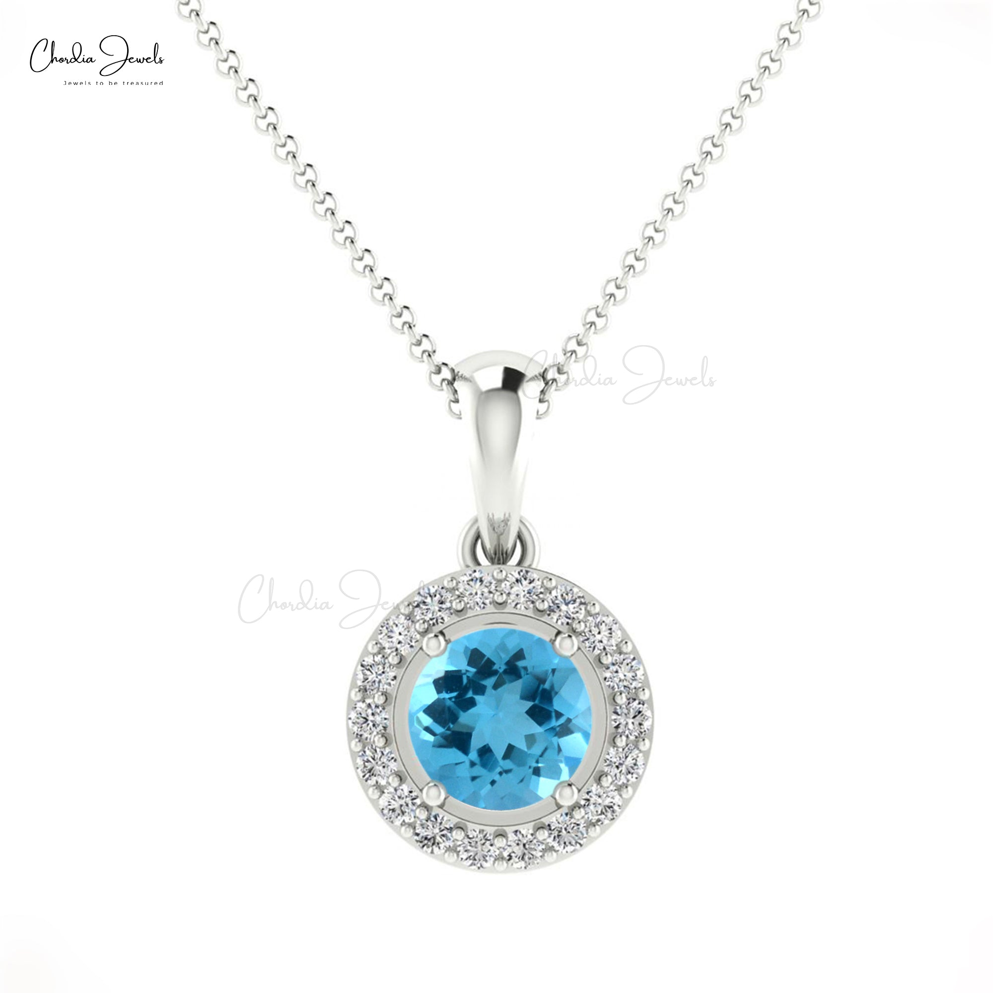 Natural Swiss Blue Topaz Halo Charm With 0.35 Ct Gemstone And Diamond 14k Gold Pendant