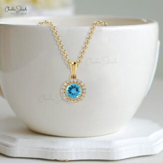 Natural Swiss Blue Topaz Halo Charm With 0.35 Ct Gemstone And Diamond 14k Gold Pendant