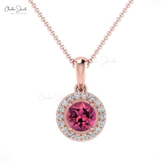 Dangle Stone Pendant in Pure 14k Gold Pink Tourmaline And Diamond Halo Necklace