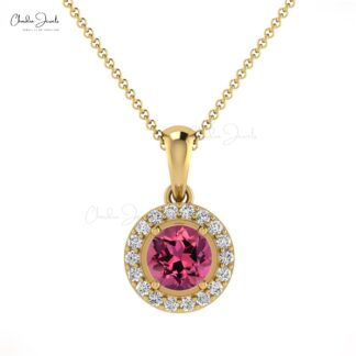 Dangle Stone Pendant in Pure 14k Gold Pink Tourmaline And Diamond Halo Necklace