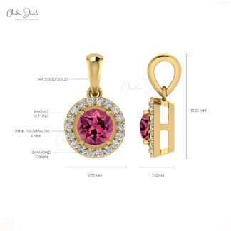 Dangle Stone Pendant in Pure 14k Gold Pink Tourmaline And Diamond Halo Necklace
