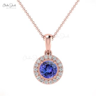 Beautiful Attractive White Diamond Halo Pendant Necklace Genuine Blue Tanzanite Gemstone Pendant in 14k Real Gold Valentine’s Day Gift