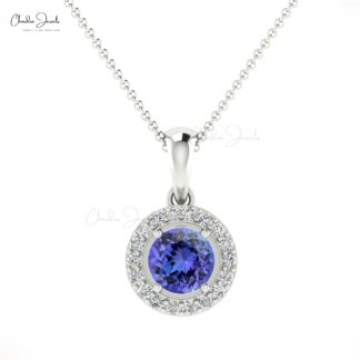 Beautiful Attractive White Diamond Halo Pendant Necklace Genuine Blue Tanzanite Gemstone Pendant in 14k Real Gold Valentine’s Day Gift