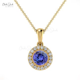 Beautiful Attractive White Diamond Halo Pendant Necklace Genuine Blue Tanzanite Gemstone Pendant in 14k Real Gold Valentine's Day Gift