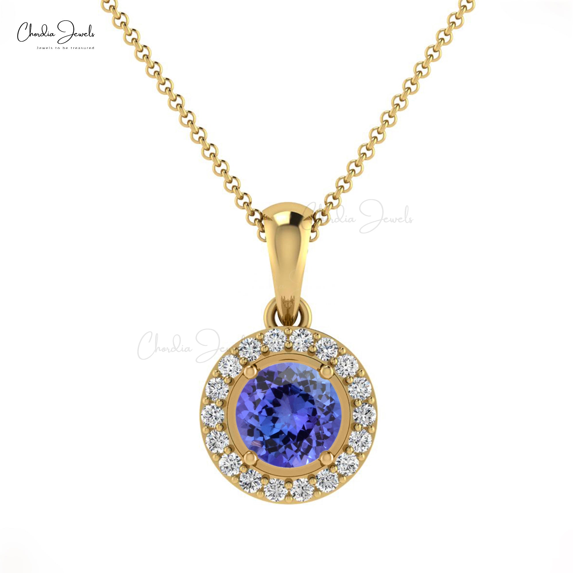 Beautiful Attractive White Diamond Halo Pendant Necklace Genuine Blue Tanzanite Gemstone Pendant in 14k Real Gold Valentine’s Day Gift