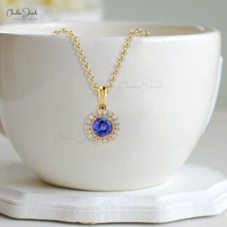 Beautiful Attractive White Diamond Halo Pendant Necklace Genuine Blue Tanzanite Gemstone Pendant in 14k Real Gold Valentine’s Day Gift