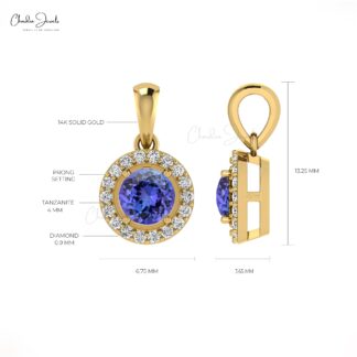Beautiful Attractive White Diamond Halo Pendant Necklace Genuine Blue Tanzanite Gemstone Pendant in 14k Real Gold Valentine’s Day Gift