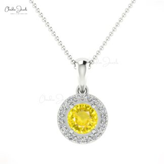 Halo Diamond Charm in 14k Real Gold With 4mm Round Yellow Sapphire Bridal Pendant