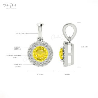 Halo Diamond Charm in 14k Real Gold With 4mm Round Yellow Sapphire Bridal Pendant