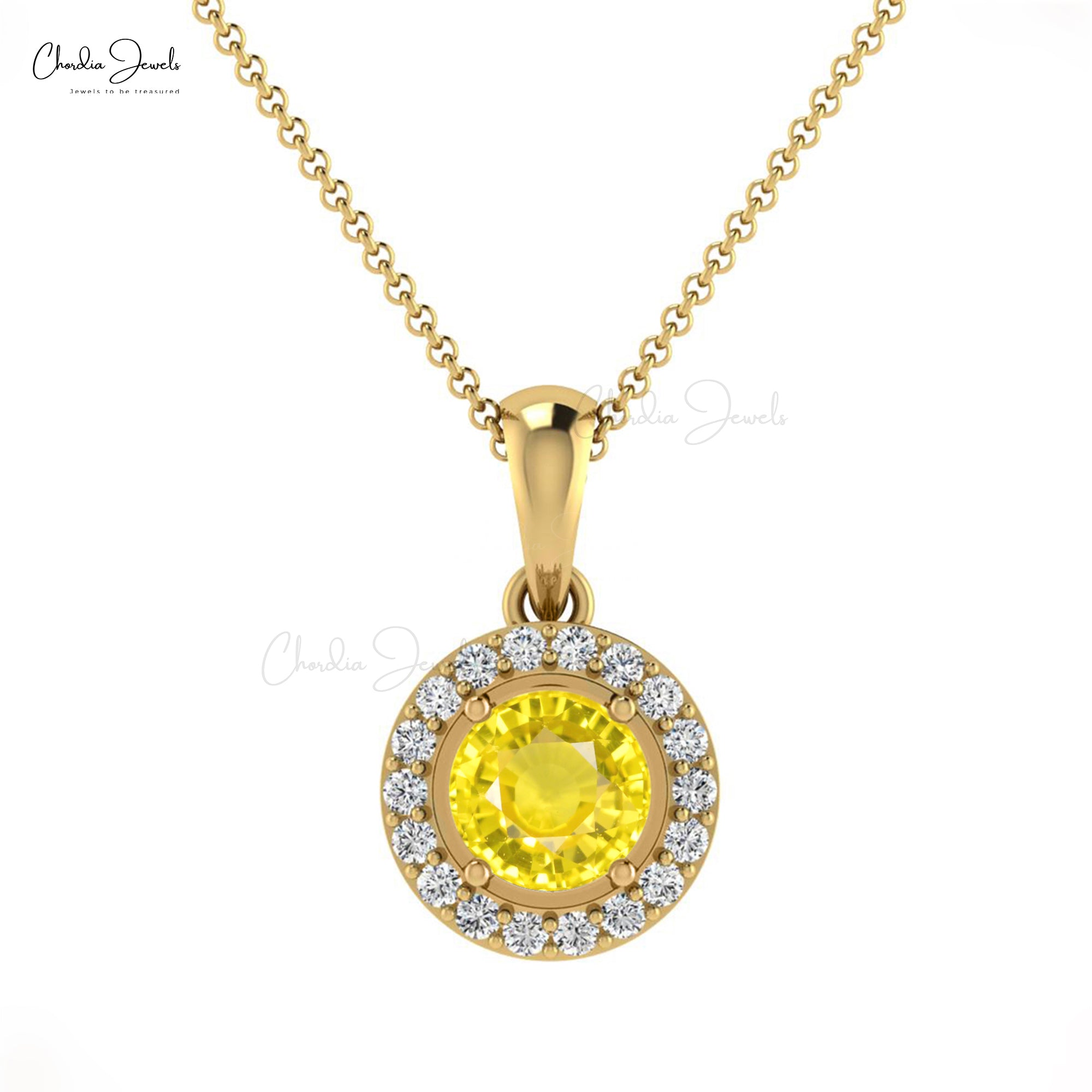Halo Diamond Charm in 14k Real Gold With 4mm Round Yellow Sapphire Bridal Pendant