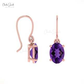 Natural Purple Amethyst 7x5mm Oval Cut Dangle Earrings, 1.44 Ct February Birthstone Gemstone Birthday Gift Earring, 14k Solid Gold Minimalist Jewelry For Anniversary