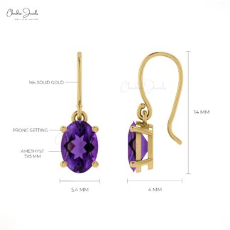 Natural Purple Amethyst 7x5mm Oval Cut Dangle Earrings, 1.44 Ct February Birthstone Gemstone Birthday Gift Earring, 14k Solid Gold Minimalist Jewelry For Anniversary