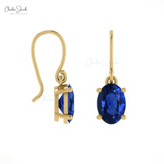 Iconic Blue Sapphire Prong Set Earrings 1.44Ct Oval Cut Genuine Gemstone Dangler Earrings 14k Real Gold Art Deco Jewelry For Wedding Gift