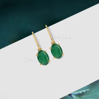 Natural Oval Emerald 14k Real Gold Dangle Earrings For Her