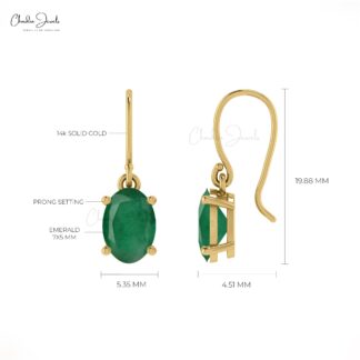 Natural Oval Emerald 14k Real Gold Dangle Earrings For Her