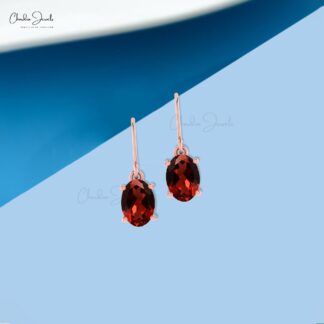 Oval Cut Garnet 14k Solid Gold Dangle Earrings With Fish Hook