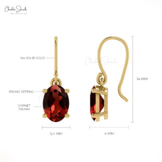 Oval Cut Garnet 14k Solid Gold Dangle Earrings With Fish Hook