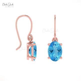 Oval Solitaire Earring With 1.98 Ct Swiss Blue Topaz 14k Real Gold Dangle Earrings