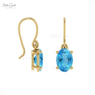 Oval Solitaire Earring With 1.98 Ct Swiss Blue Topaz 14k Real Gold Dangle Earrings