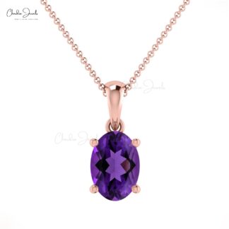 Single Stone Solitaire Charm With 7x5mm Amethyst 14k Real Gold Dangle Women Pendant