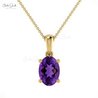 Single Stone Solitaire Charm With 7x5mm Amethyst 14k Real Gold Dangle Women Pendant