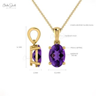 Single Stone Solitaire Charm With 7x5mm Amethyst 14k Real Gold Dangle Women Pendant