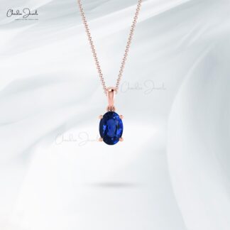 Dangle Women Pendant in 14k Solid Gold Blue Sapphire 0.8 Ct Gemstone Bridal Necklace