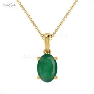 Solitaire Pendant With 0.72ct Green Emerald 14k Real Gold Oval Gemstone Pendant For Birthday Gift