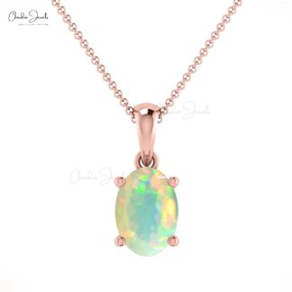 Oval Cut Dangle Pendant With 0.8 Ct Fire Opal October Birthstone 14k Solid Gold Necklace